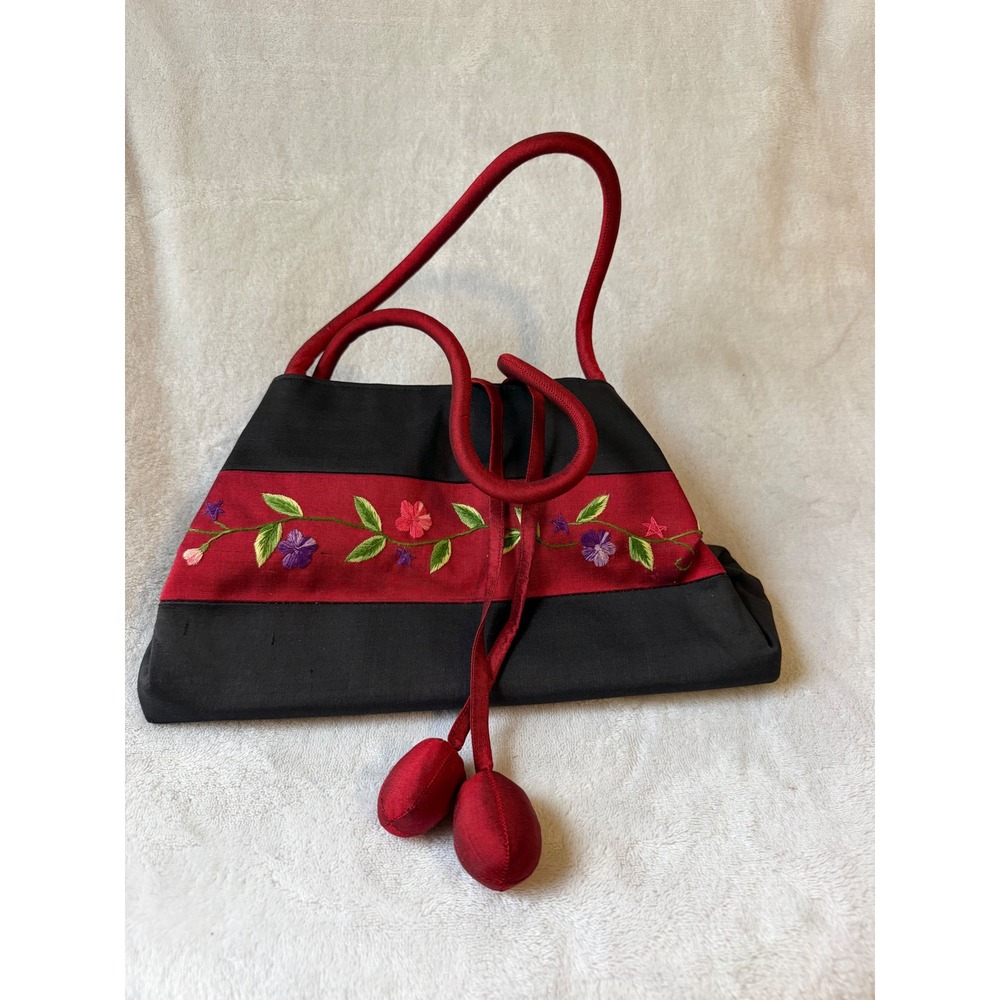 Unbranded Silk Handbag Womens Small Black Red Excellent Floral Embroidery Tassel